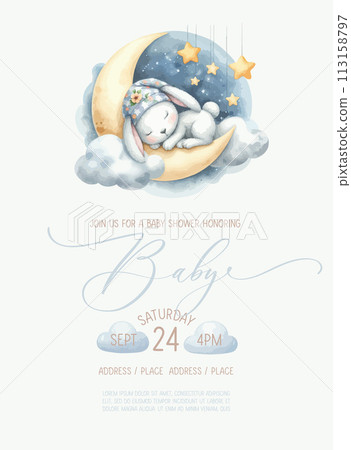 Cute baby shower watercolor invitation card with sleeping bunny on moon and cloud. 113158797