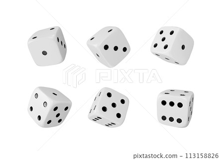 Realistic game dice 3d vector set, white cube with random numbers of black dots, gambling casino games and board games 113158826