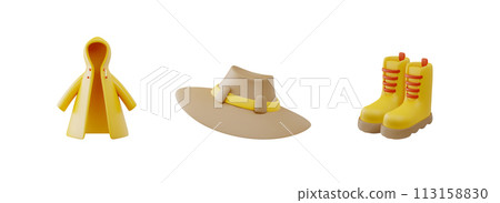 Isometric set: hiking raincoat, hat, boots, outdoor gear for camping. 113158830