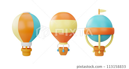 Set of various hot air balloons with basket 3D vector set, cartoon render aerostats, air transport plastic toys Set of various hot air balloons with basket 3D vector set, cartoon render aerostats, air transport plastic toys 113158833