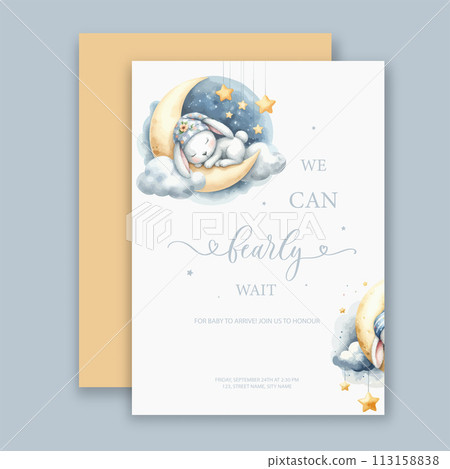 Cute watercolor invitation card. We can bearly wait. Its a girl, Its a boy card with sleeping bear on moon and cloud. Cute watercolor invitation card. We can bearly wait. Its a girl, Its a boy card with sleeping bear on moon and cloud. 113158838