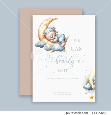 Cute watercolor invitation card. We can bearly wait. Its a girl, Its a boy card with sleeping bear on moon and cloud. Cute watercolor invitation card. We can bearly wait. Its a girl, Its a boy card with sleeping bear on moon and cloud. 113158839
