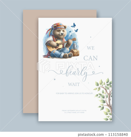 Cute baby shower watercolor invitation card for baby and kids new born celebration with hippie bear with guitar. Cute baby shower watercolor invitation card for baby and kids new born celebration with hippie bear with guitar. 113158840