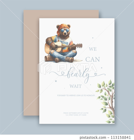 Cute baby shower watercolor invitation card for baby and kids new born celebration with hippie bear with guitar. Cute baby shower watercolor invitation card for baby and kids new born celebration with hippie bear with guitar. 113158841