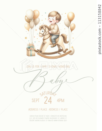 Cute arch baby shower watercolor invitation card for new born celebration with boy and girl on a toy rocking horse with balloons. 113158842