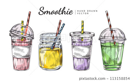Smoothies cups with straws engraved hand drawn vector set, jar or glass with lid for cocktails, vegetable or fruit juice 113158854