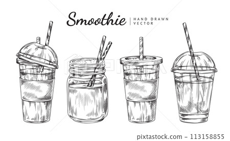 Vector set of smoothie icons in bottles and plastic cups with striped paper tubes in sketch style 113158855