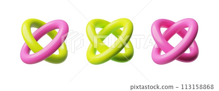 Isolated set of 3D geometric shapes with pink and green torus nodes. 113158868