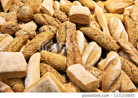 Bread baking rolls and croissants background Bread baking rolls and croissants background 113158893