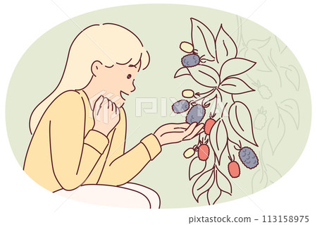 Girl sits near bush with fresh raspberries or blackberries tasting fruits of fruit plant Girl sits near bush with fresh raspberries or blackberries tasting fruits of fruit plant 113158975