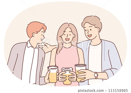 Friends drink beer and laugh enjoying socializing and friendly conversation during oktoberfest 113158985