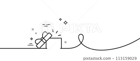 Opened Gift box line icon. Continuous one line with curl. Present or Sale sign. Birthday Shopping symbol. Package in Gift Wrap. Opened Gift single outline ribbon. Loop curve pattern. Vector 113159029