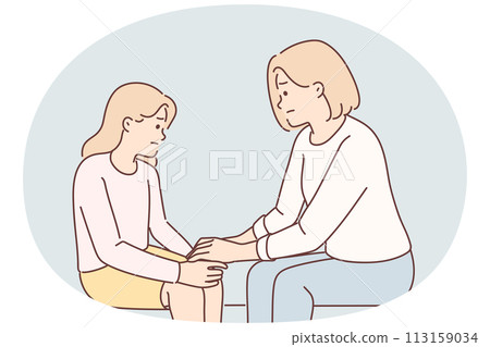 Mom holds hand of sad teenager daughter helps to get rid stress and consoles after quarrel Mom holds hand of sad teenager daughter helps to get rid stress and consoles after quarrel 113159034
