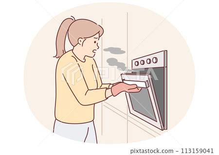 Woman cook opens oven releasing smoke from overcooked meat due to inattention or wrong recipe 113159041