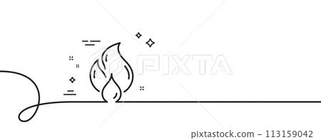 Flammable fuel line icon. Continuous one line with curl. Fire energy sign. Heating power energy symbol. Flammable fuel single outline ribbon. Loop curve pattern. Vector 113159042