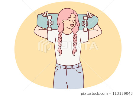 Teen girl holds skateboard in hands, wanting to ride through city streets or park with skate ramp 113159043