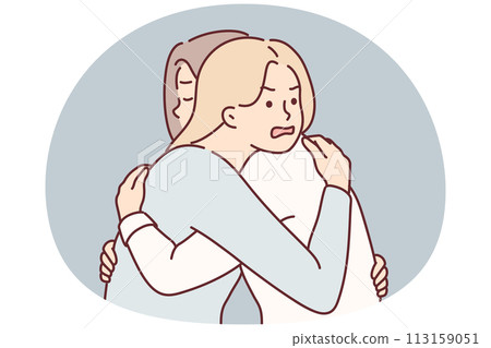 Woman with angry expression hugs girl friend hiding envy or jealousy in order to deceive 113159051