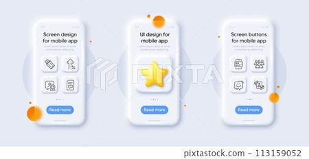 Smile chat, Video conference and Group line icons pack. 3d phone mockups with star. Glass smartphone screen. Comments, Technical algorithm, Increasing percent web icon. Vector 113159052