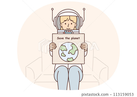 Woman in astronaut space suit holds poster calling for saving planet and taking care environment Woman in astronaut space suit holds poster calling for saving planet and taking care environment 113159053