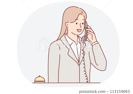 Receptionist woman talking on phone answering customer call with request to send maid or waiter Receptionist woman talking on phone answering customer call with request to send maid or waiter 113159063