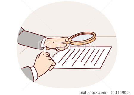 Lawyer hands with magnifying glass over contract for concept of checking documents for errors 113159094