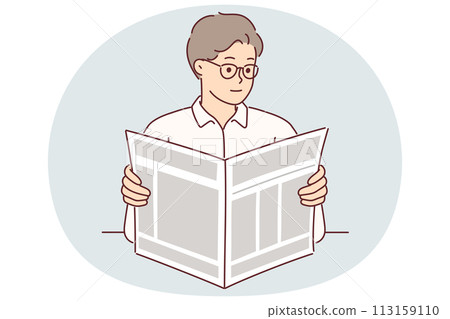 Man holds newspaper reading news about latest business events and political changes or articles 113159110