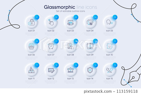Set of Approved shield, Video conference and Money calculator line icons for web app. Photo edit, Online storage, Smile icons. Online shopping, Marketplace, Cursor signs. Glassmorphism buttons. Vector Set of Approved shield, Video conference and Money calculator line icons for web app. Photo edit, Online storage, Smile icons. Online shopping, Marketplace, Cursor signs. Glassmorphism buttons. Vector 113159118