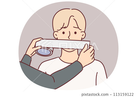 Unfortunate man is taped over mouth with censorship to limit speech and stop spread of information 113159122