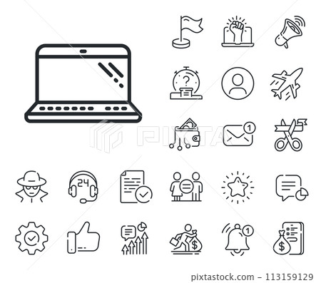 Mobile computer device sign. Salaryman, gender equality and alert bell outline icons. Laptop line icon. Laptop line sign. Spy or profile placeholder icon. Online support, strike. Vector Mobile computer device sign. Salaryman, gender equality and alert bell outline icons. Laptop line icon. Laptop line sign. Spy or profile placeholder icon. Online support, strike. Vector 113159129