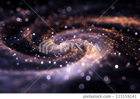 Glitter swirl, dark magic cosmic background. Sparkling particles vortex, beauty of a universe. Black hole, deep space, galaxy 113159141