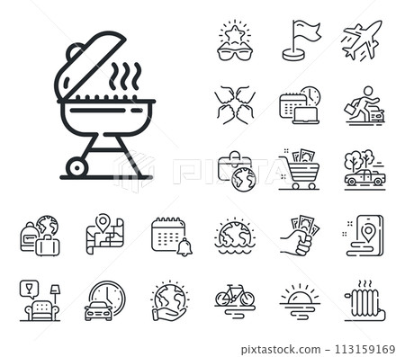 Barbecue cooker for cooking food sign. Plane jet, travel map and baggage claim outline icons. Grill line icon. Hot meat brazier symbol. Grill line sign. Car rental, taxi transport icon. Vector 113159169