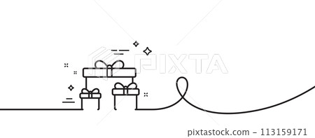 Gift boxes line icon. Continuous one line with curl. Present or Sale sign. Birthday Shopping symbol. Package in Gift Wrap. Surprise boxes single outline ribbon. Loop curve pattern. Vector 113159171