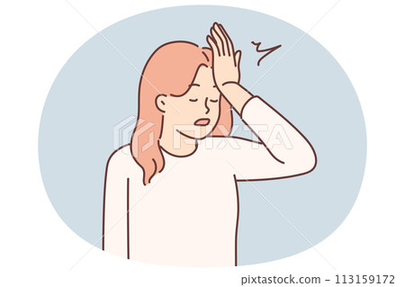 Woman makes gesture with facepalm putting palm to forehead, having learned about mistake made Woman makes gesture with facepalm putting palm to forehead, having learned about mistake made 113159172