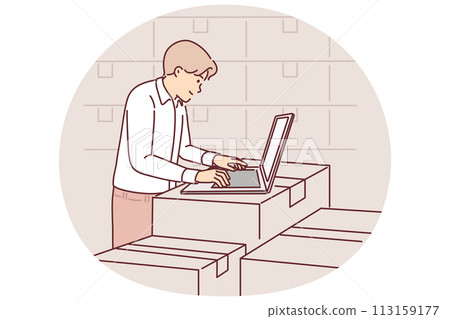 Man with laptop works in warehouse, standing near boxes, auditing availability of goods in storage Man with laptop works in warehouse, standing near boxes, auditing availability of goods in storage 113159177