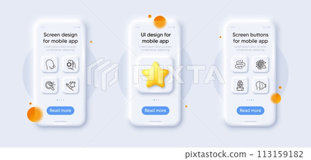 Intestine, Nurse and Vaccine announcement line icons pack. 3d phone mockups with star. Glass smartphone screen. Covid virus, Covid app, Face id web icon. Vision test, Cough pictogram. Vector 113159182