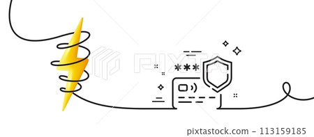 Payment protection line icon. Continuous one line with curl. Credit card secure sign. Money defense symbol. Payment protection single outline ribbon. Loop curve with energy. Vector 113159185