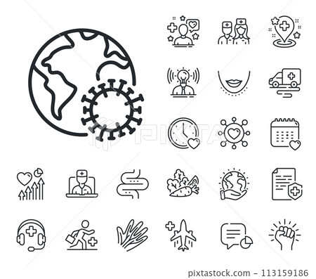 Covid-19 global virus sign. Online doctor, patient and medicine outline icons. Coronavirus pandemic line icon. Corona virus symbol. Coronavirus line sign. Vector 113159186