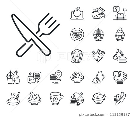 Cutlery sign. Crepe, sweet popcorn and salad outline icons. Food line icon. Fork, knife symbol. Food line sign. Pasta spaghetti, fresh juice icon. Supply chain. Vector Cutlery sign. Crepe, sweet popcorn and salad outline icons. Food line icon. Fork, knife symbol. Food line sign. Pasta spaghetti, fresh juice icon. Supply chain. Vector 113159187