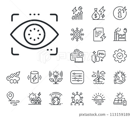Retina scan sign. Energy, Co2 exhaust and solar panel outline icons. Eye detect line icon. Biometric data symbol. Eye detect line sign. Eco electric or wind power icon. Green planet. Vector Retina scan sign. Energy, Co2 exhaust and solar panel outline icons. Eye detect line icon. Biometric data symbol. Eye detect line sign. Eco electric or wind power icon. Green planet. Vector 113159189