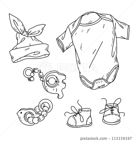 Vector illustration, a set of children s items for a baby in handdraw doodle style. Vector illustration, a set of children s items for a baby in handdraw doodle style. 113159197