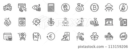 Icons pack as Annual tax, Loyalty points and Exchange currency line icons for app include Money, Bitcoin graph, Market seller outline thin icon web set. Cvv code, Bitcoin, Donation pictogram. Vector 113159206