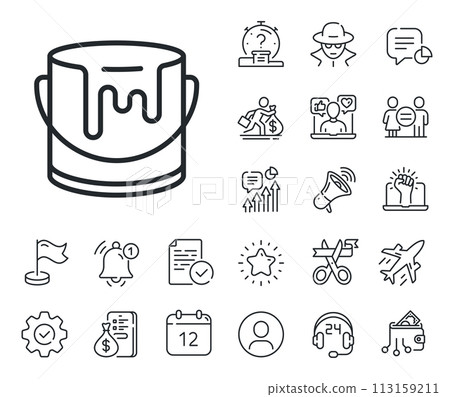 Tin of acrylic paint sign. Salaryman, gender equality and alert bell outline icons. Paint bucket line icon. Painter can symbol. Paint line sign. Spy or profile placeholder icon. Vector 113159211