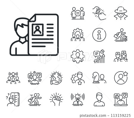 CV documents or Portfolio sign. Specialist, doctor and job competition outline icons. Business recruitment line icon. Job interview line sign. Avatar placeholder, spy headshot icon. Vector 113159225
