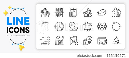 Contactless payment, Recycling and Parking place line icons set for app include Petrol station, Wallet, Reminder outline thin icon. Employee results, Voting hands, Order pictogram icon. Vector 113159271