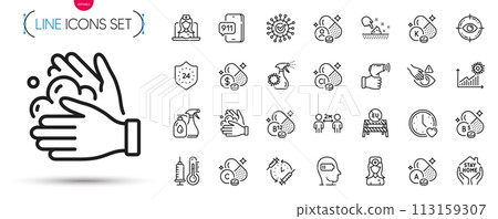 Pack of Medicine price, Emergency call and Coronavirus line icons. Include Dont touch, Vitamin, 24 hours pictogram icons. Telemedicine, Vaccination schedule, Thermometer signs. Vector 113159307