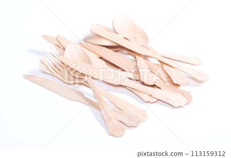 Wooden cutlery knifes forks and spoons made of wood timber material, isolated 113159312