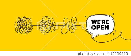 We are open tag. Simplify complex process with speech bubble. Promotion new business sign. Welcome advertising symbol. Open speech bubble message. Tangle chaos. Easy solution. Vector We are open tag. Simplify complex process with speech bubble. Promotion new business sign. Welcome advertising symbol. Open speech bubble message. Tangle chaos. Easy solution. Vector 113159313