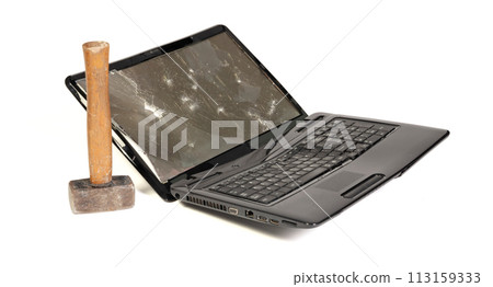Old broken laptop isolated on white background, broken with hammer 113159333