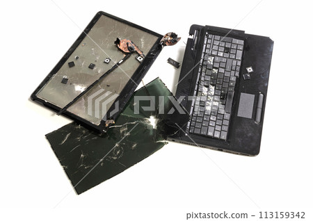 Old broken laptop isolated on white background 113159342