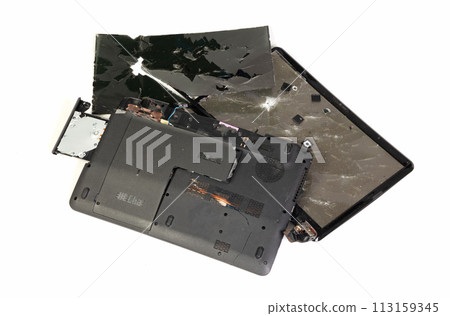 Old broken laptop isolated on white background 113159345